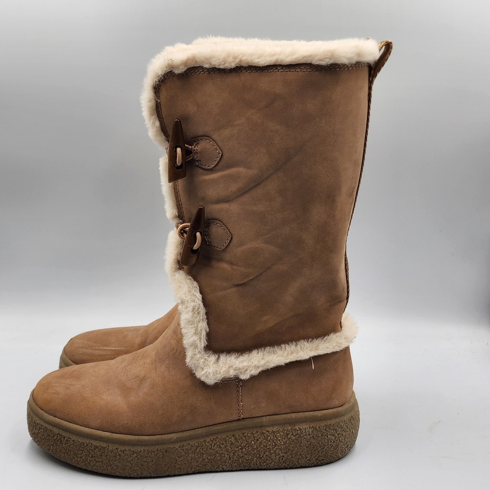 Rocket Dog Boots Women 8? Mid Calf Tan Faux Suede Fur Toggle Platform EUC Winter